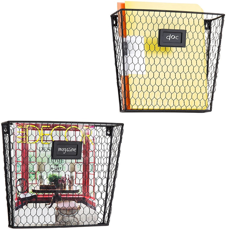 Set of 2, Chicken Wire Wall-Mounted Magazine Rack and File Folder Baskets with Chalkboard Labels-MyGift
