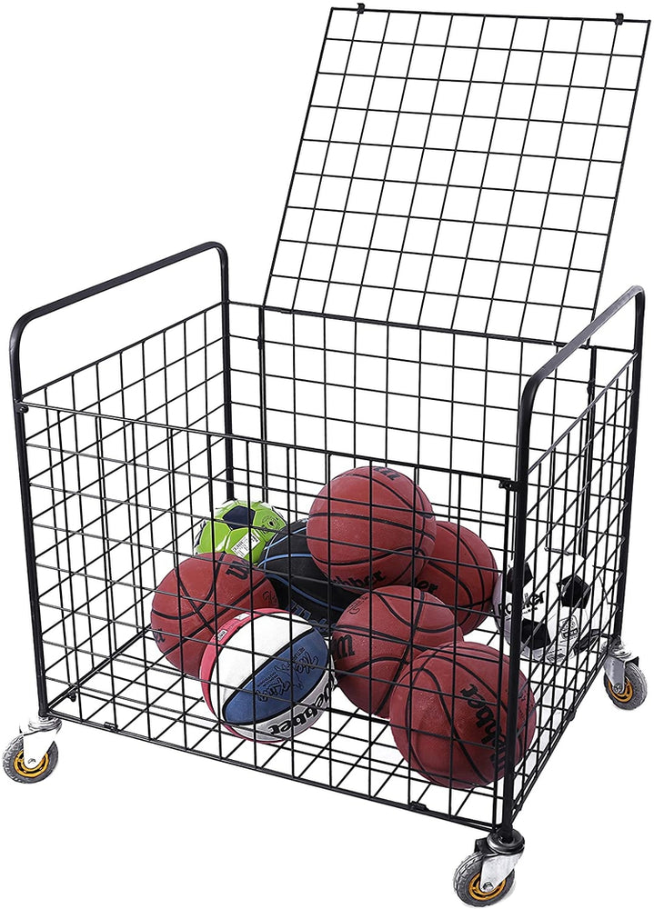 Black Metal Rolling Multi Sports Ball Storage Hopper & Basketball, Football, Soccer Equipment Cart-MyGift