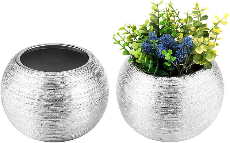 Set of 2, Round Metallic Silver-Tone Ridged Ceramic Planter Pots-MyGift