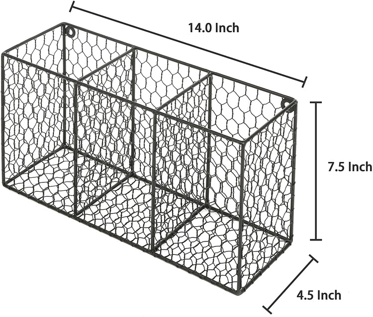 3 Compartment Black Rustic Chicken Wire Kitchen Utensil Holder Basket, Pantry Storage Rack-MyGift