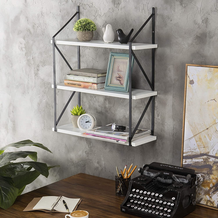 3-Tier White Wood Hanging Wall Shelf with Black Metal Brackets-MyGift