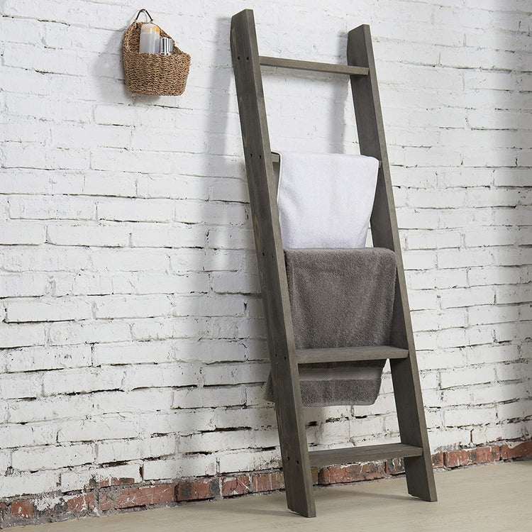 Grey Wood Blanket Rack 4.5 ft Ladder-Style Vintage Leaning Wall Style-MyGift