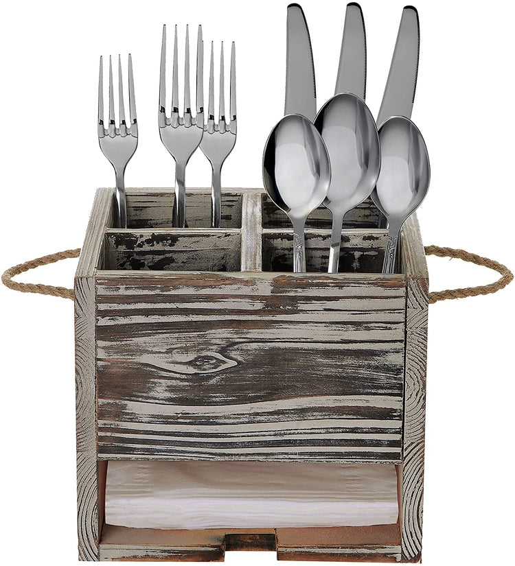 4 Compartment Rustic Torched Wood Kitchen Dining Utensil Organizer Caddy with Napkin Cutlery Holder-MyGift