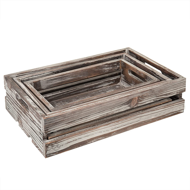 Set of 3, Nesting Torched Wood Storage Crates with Handles-MyGift