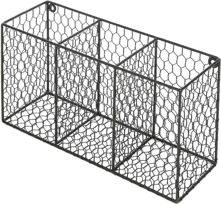 3 Compartment Black Rustic Chicken Wire Kitchen Utensil Holder Basket, Pantry Storage Rack-MyGift