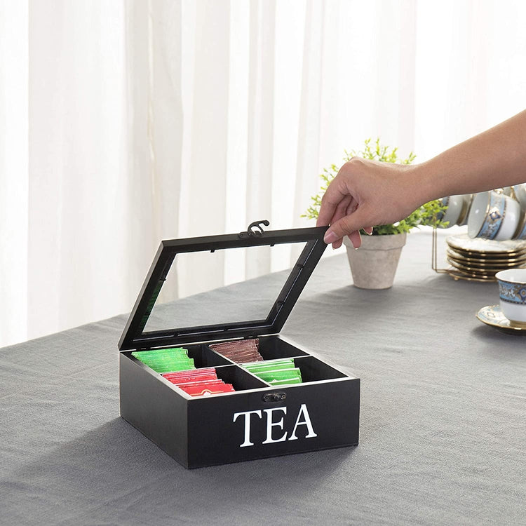 4Slot Black Wood Tea Bag Storage Chest with Clear Acrylic Lid MyGift