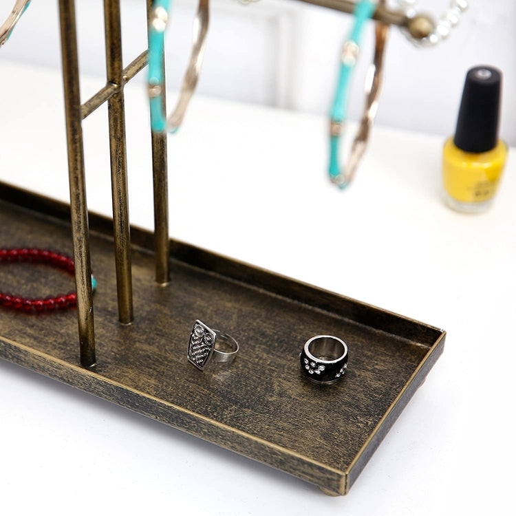 3 Tier Metal Rod Jewelry Display Stand in Antique Matte Brass Finish with Ring Tray-MyGift