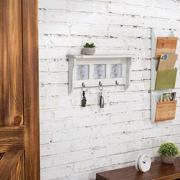 16-Inch Wall-Mounted White Wood Display Shelf with 3 x 3 Picture Frames & Key Hooks-MyGift