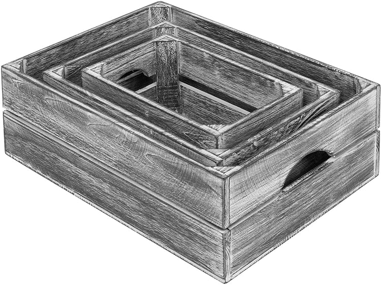 Set of 3 Vintage Nesting Storage Box in Distressed Gray Wood Accent Crates-MyGift