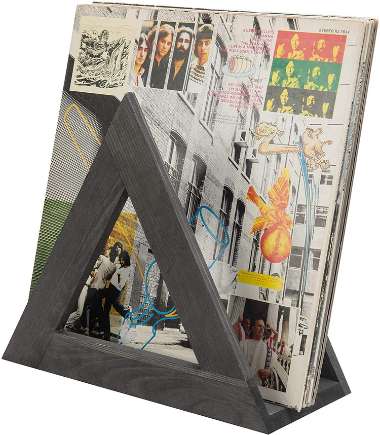 Grey Wood Triangle Wall Mounted Vinyl Record Storage Holder, Media Display Rack-MyGift