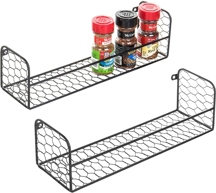 Set of 2, Wall-Mounted Rustic Chicken Wire Spice Racks-MyGift