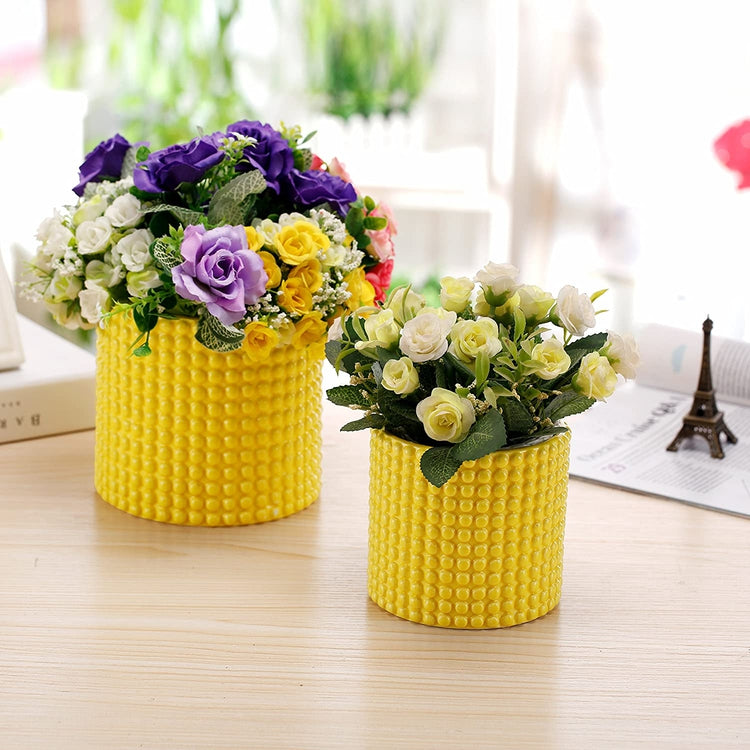 Set of 2 Yellow Ceramic Hobnail Textured Vintage Style Succulent Planters Flower Pots-MyGift