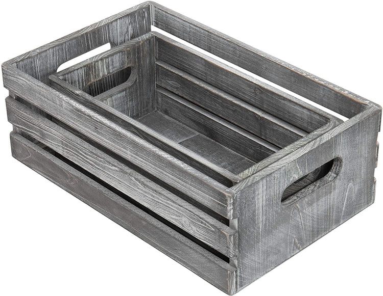 Set of 2, Rustic Dark Gray Nesting Boxes, Wood Storage Crates w/ Handles-MyGift