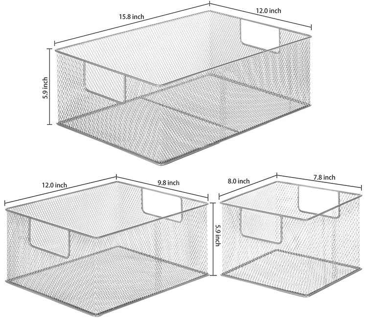 Set of 3, Silver Wire Nesting Storage Pantry Baskets with Handles, Shelf Organization Bins-MyGift