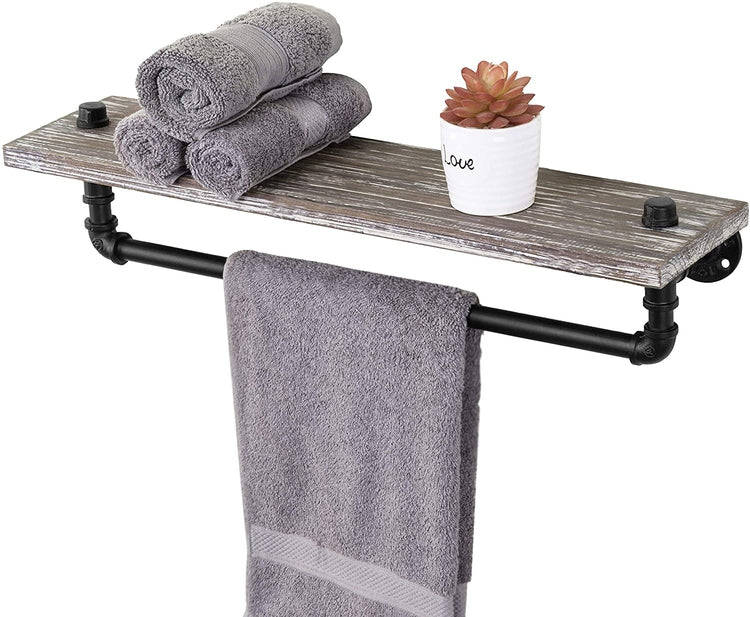Wall Mounted Rustic Torched Wood Shelf and Industrial Pipe Towel Bar-MyGift