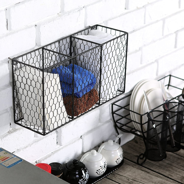 3 Compartment Black Rustic Chicken Wire Kitchen Utensil Holder Basket, Pantry Storage Rack-MyGift