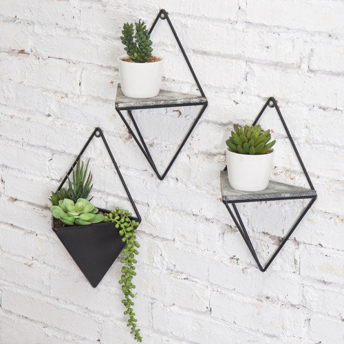 Diamond-Shaped Wall-Mounted Metal Shelves & Planter, 3-Piece Set-MyGift