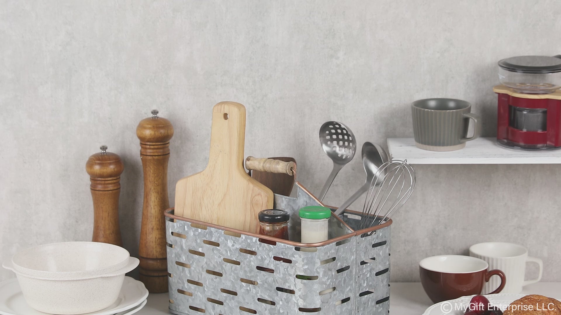 Load video: Galvanized Silver Metal Utensil Caddy with Copper Tone Edges &amp; Wood Handle