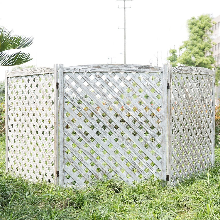 3-Panel Whitewashed Wood Trellis Design Fence, Outdoor Folding Enclosure-MyGift