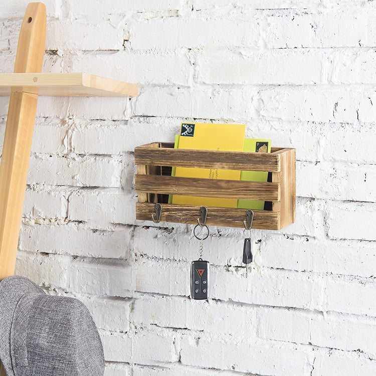 Rustic Brown Wood Pallet-Style Mail Sorter Rack w/ Key Hooks-MyGift