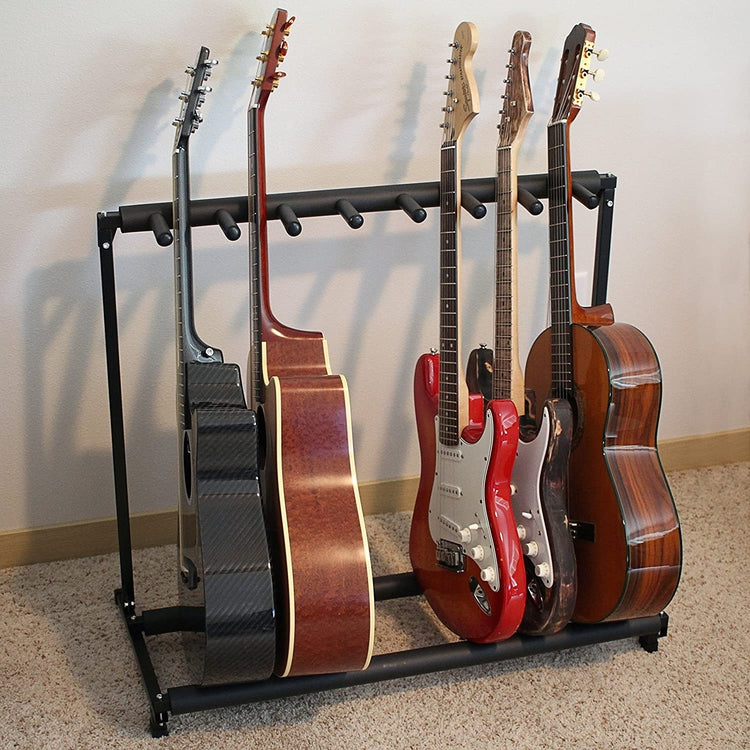 7 Guitar Black Metal Padded Folding Stand, Portable Electric & Acoustic Guitar Stage Rack-MyGift