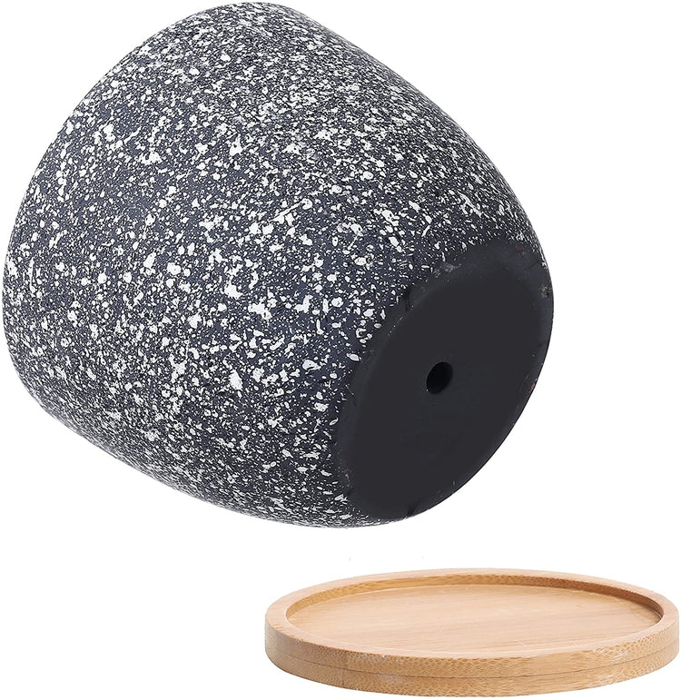 Set of 3 Dark Gray Small Speckled Glaze Succulent Planter Flower Pot with Bamboo Saucers-MyGift