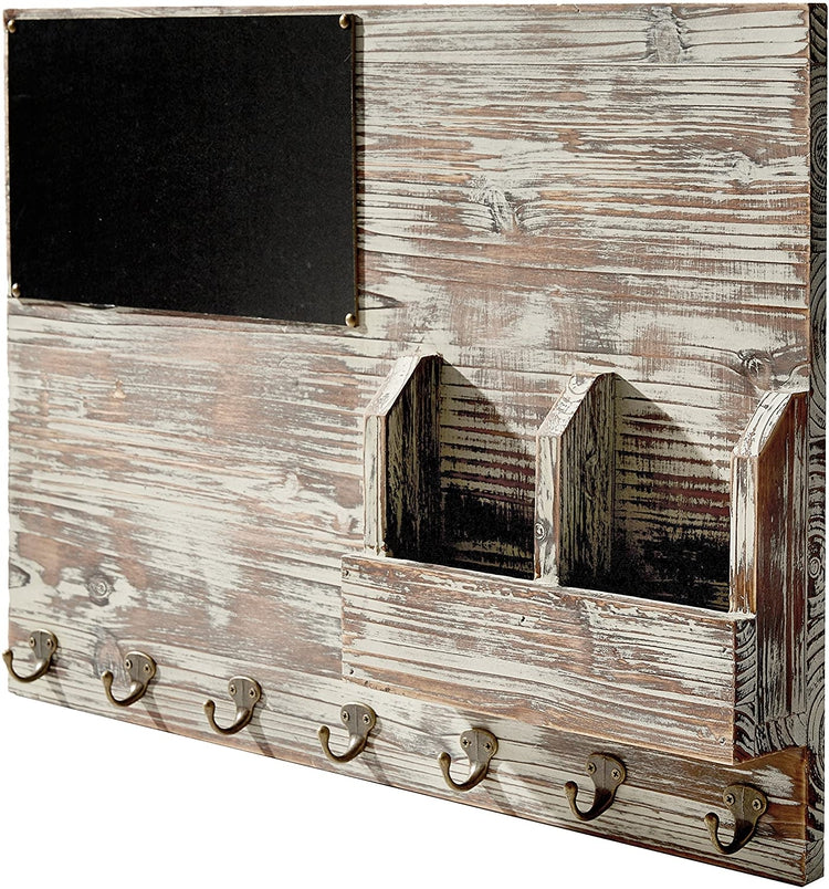 Wall Mounted Chalkboard with Memo Clips, Mail Sorter, and Key Hooks, Torched Wood Entryway Organizer-MyGift