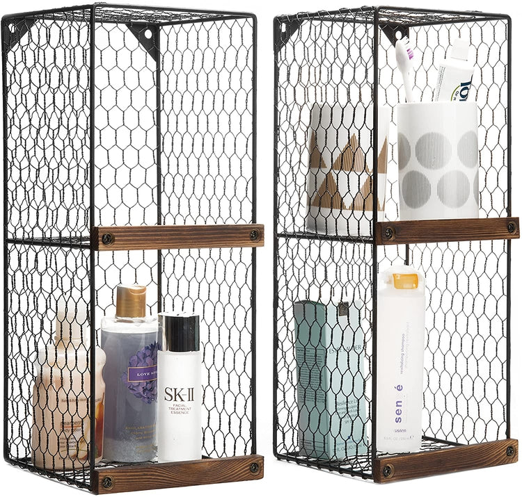 Set of 2, 2-Tier Black Chicken Wire Metal Hanging Wall Shelves for Storage with Wood Ledges, Freestanding Basket Bins-MyGift