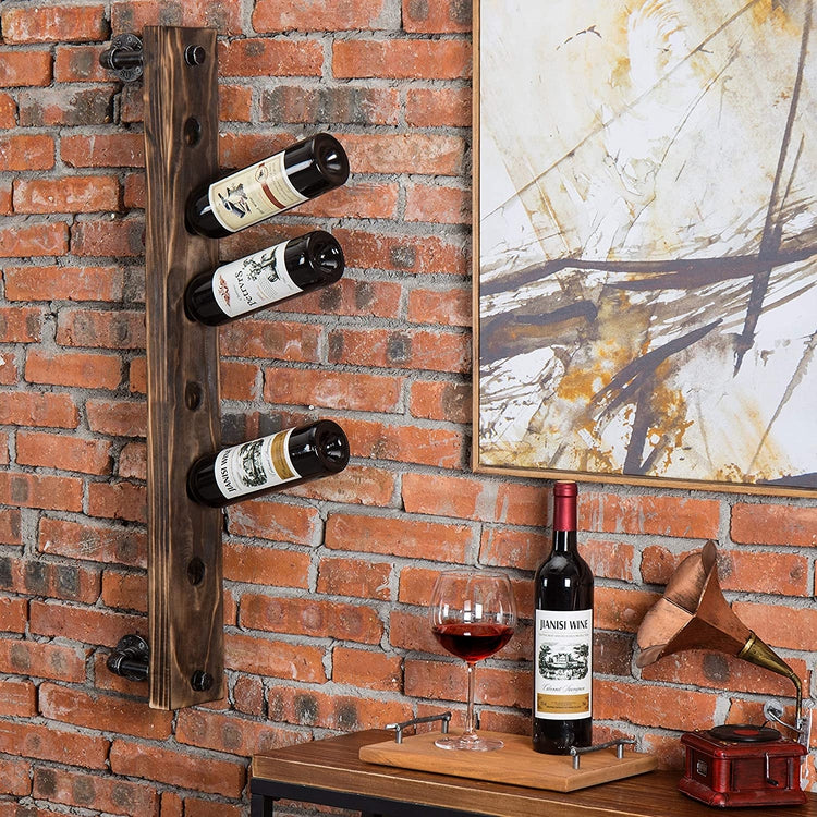 6 Bottle Rustic Wood Metal Pipe Wall Mounted Wine Rack