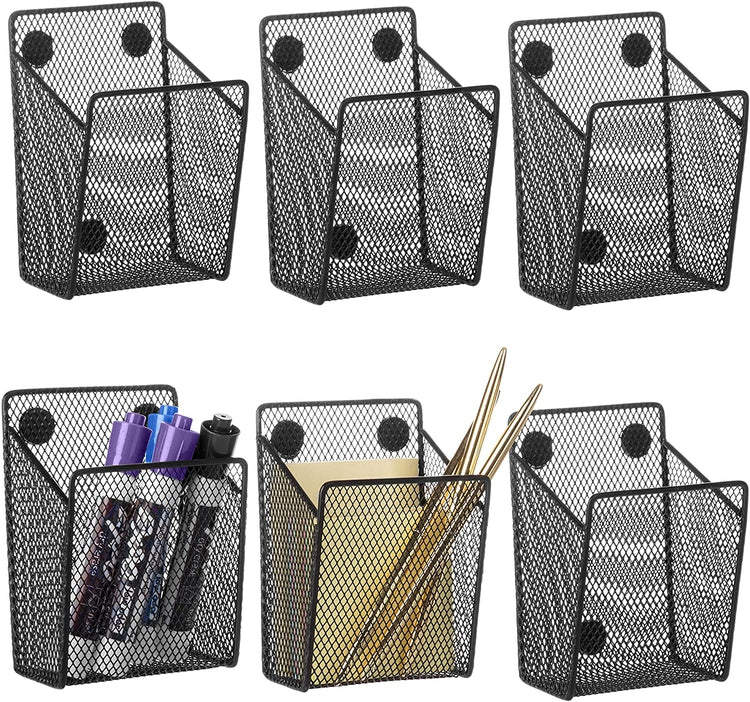 Set of 6, Black Wire Mesh Magnetic Pen and Dry Erase Marker Holder, Office Supply Storage Baskets-MyGift
