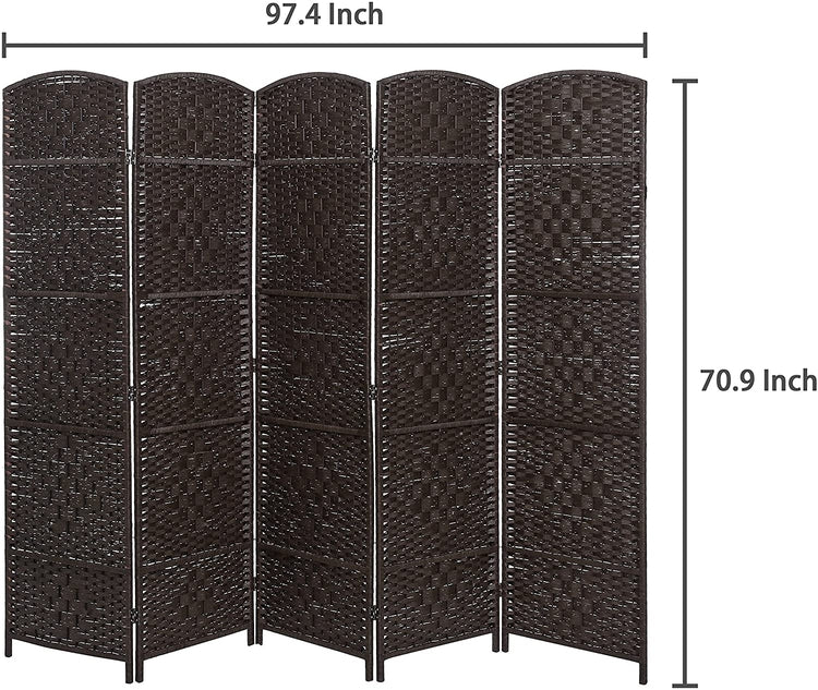 Brown Handwoven Bamboo 5 Panel Partition, Semi-Private Room Divider with Dual Hinges-MyGift