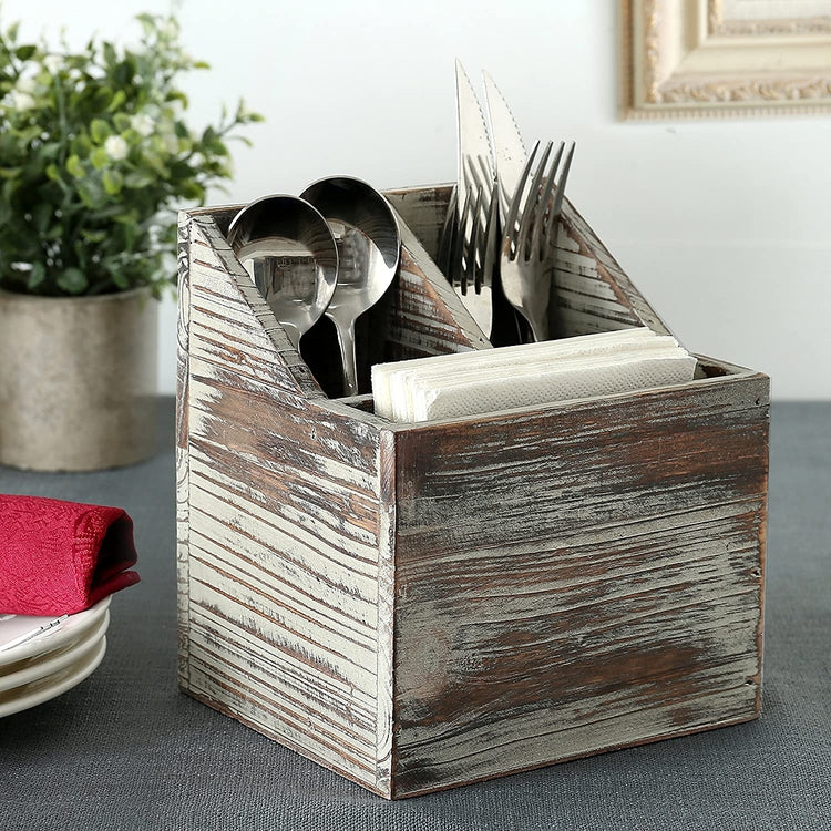 3-Compartment Torched Wood Utensil Caddy and Napkin Holder-MyGift