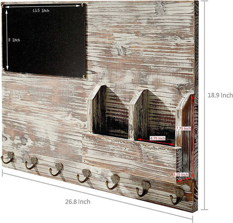 Wall Mounted Chalkboard with Memo Clips, Mail Sorter, and Key Hooks, Torched Wood Entryway Organizer-MyGift