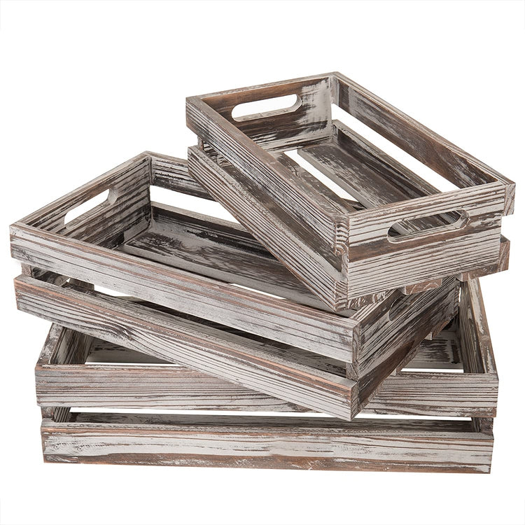 Set of 3, Nesting Torched Wood Storage Crates with Handles-MyGift