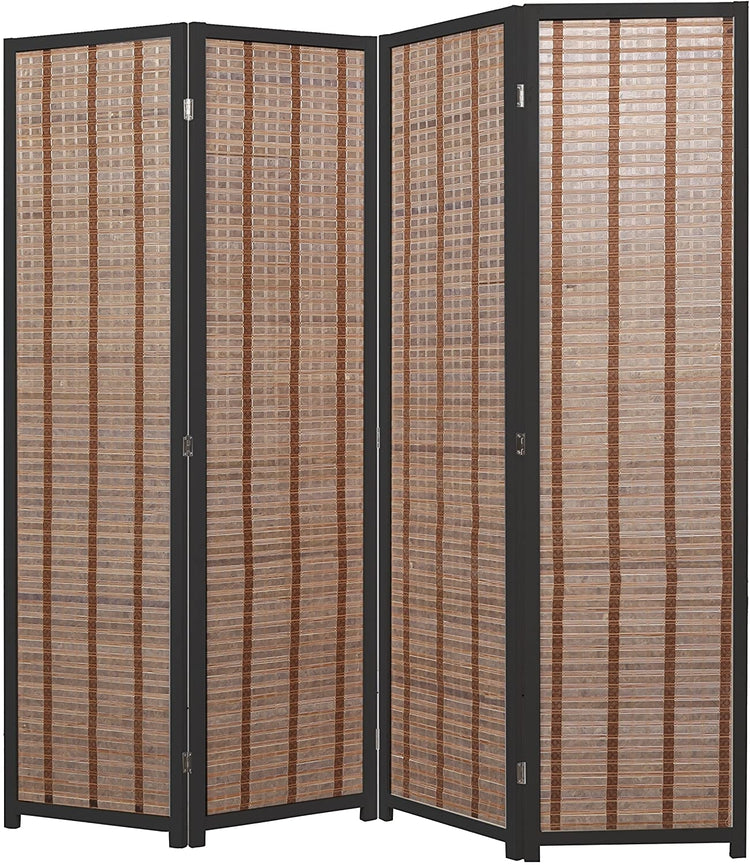 Decorative Openwork 4-Panel Bamboo & Black Wood Framed Folding Screen / Freestanding Room Divider-MyGift