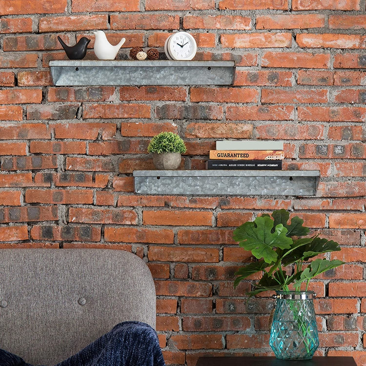 Set of 2 Galvanized Metal Wall Mounted 24-Inch Shelves-MyGift
