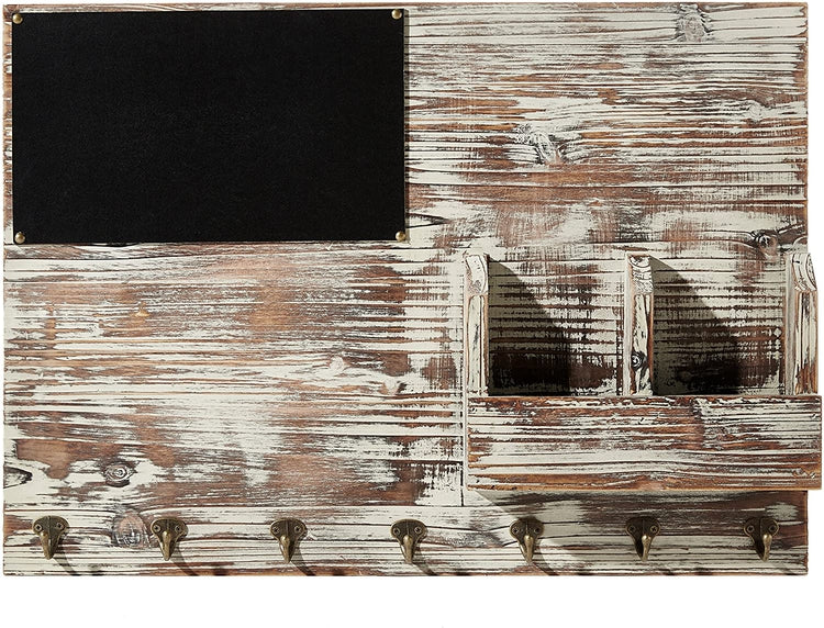 Wall Mounted Chalkboard with Memo Clips, Mail Sorter, and Key Hooks, Torched Wood Entryway Organizer-MyGift