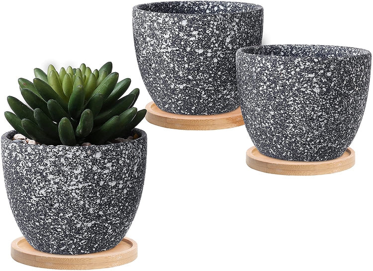 Set of 3 Dark Gray Small Speckled Glaze Succulent Planter Flower Pot with Bamboo Saucers-MyGift