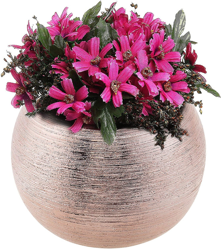 7-Inch Round Rose Gold-Tone Metallic Ceramic Flower Pot, Decorative Bowl Vase-MyGift