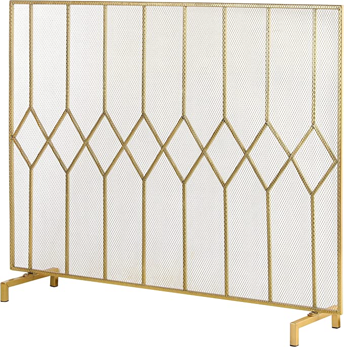 Gold Tone Metal Art Deco Single Panel Fireplace Screen, Freestanding Mesh Grate Fire Spark Guard Protector Cover, 39 x 31 Inch-MyGift