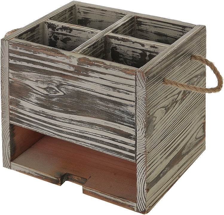 4 Compartment Rustic Torched Wood Kitchen Dining Utensil Organizer Caddy with Napkin Cutlery Holder-MyGift