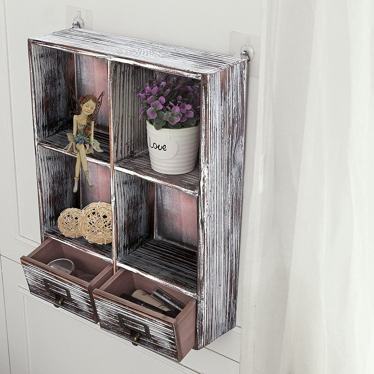 Torched Wood Wall Mounted Shadow Box with Cubby Shelving and 2 Drawers with Label Holders-MyGift