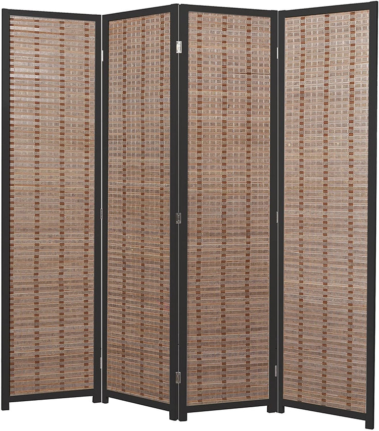 Decorative Openwork 4-Panel Bamboo & Black Wood Framed Folding Screen / Freestanding Room Divider-MyGift