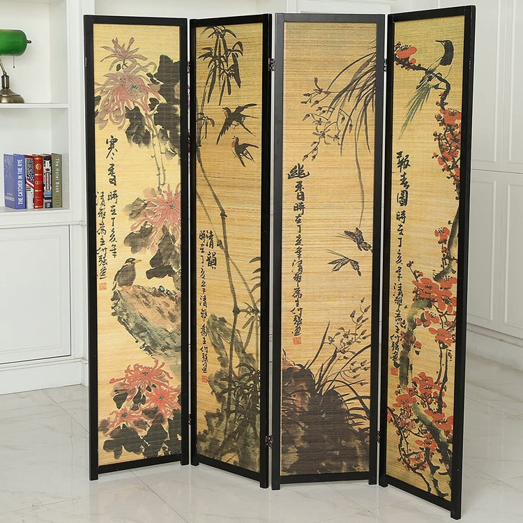 Chinese Calligraphy Design Wood & Bamboo Hinged 4 Panel Screen / Freestanding Room Divider Black Frame-MyGift