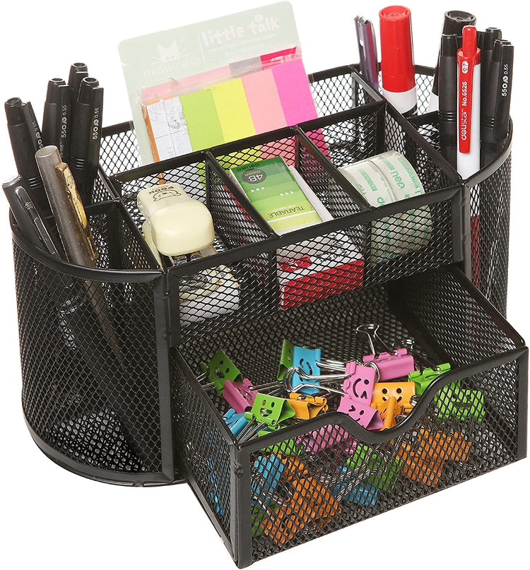 Black Metal Desktop Organizer, Wire Mesh Office Supply Caddy with Drawer & 8 Compartments-MyGift