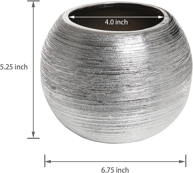 7-Inch Round Modern Silver-Tone Metallic Ceramic Planter Pot, Decorative Bowl Vase-MyGift