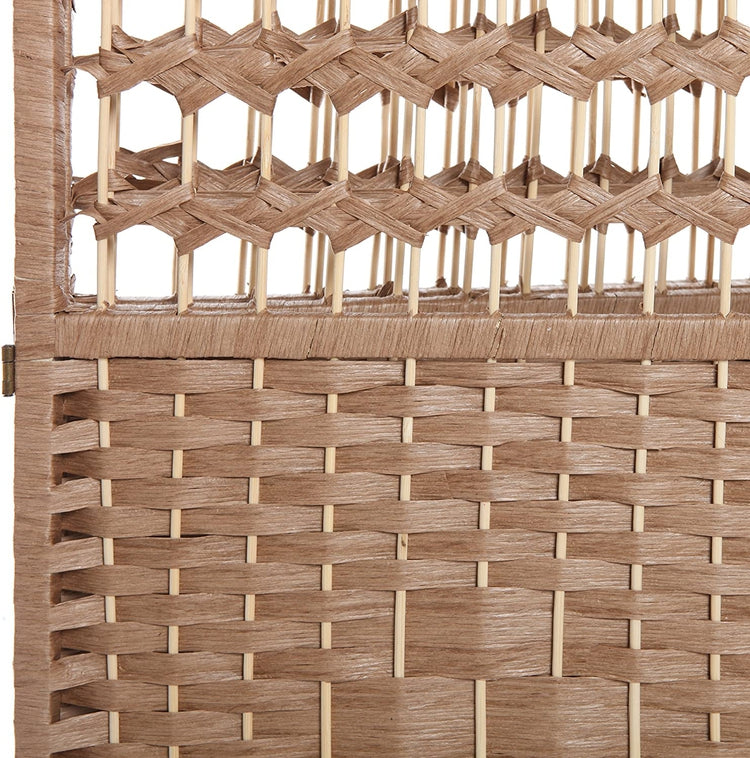 4 Panel Beige Wood Woven Design Decorative Partition Folding Screen, Privacy Room Divider-MyGift