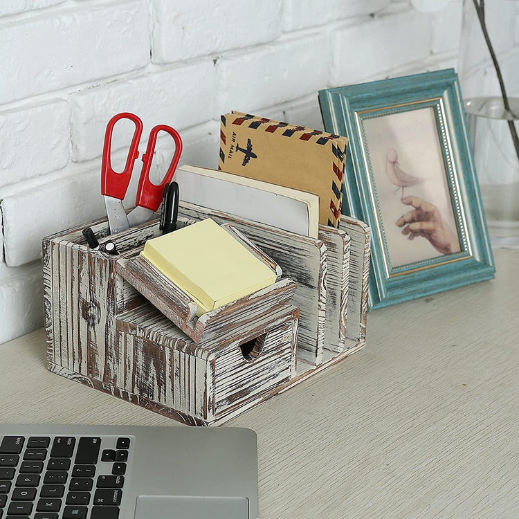 Torched Wood Desktop Office Organizer with Sticky Note Pad Holder, Mail Sorter and Pullout Drawer-MyGift