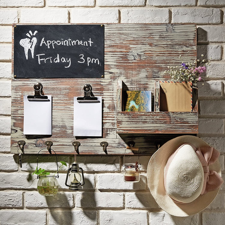 Wall Mounted Chalkboard with Memo Clips, Mail Sorter, and Key Hooks, Torched Wood Entryway Organizer-MyGift