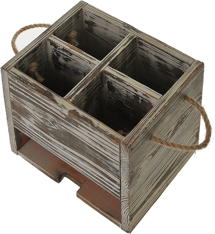 4 Compartment Rustic Torched Wood Kitchen Dining Utensil Organizer Caddy with Napkin Cutlery Holder-MyGift